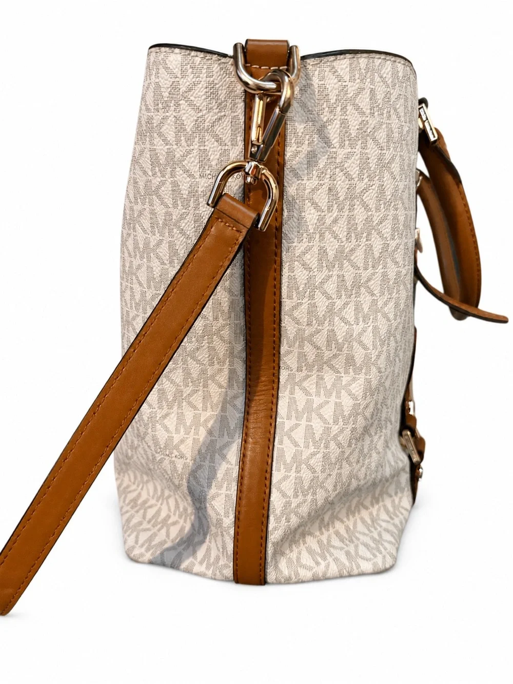 Michael Kors Ivory Logo Shoulder Bag with Brown Trim and Gold Hardware